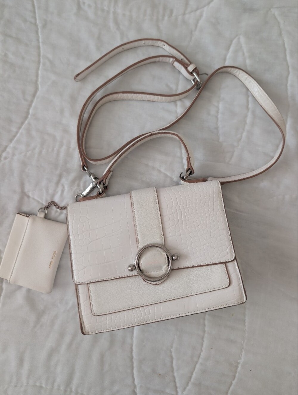 3/$30 Anne Klein Cream Mini Crossbody with Silver Ring Detail